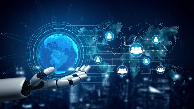 Futuristic Robot Hand Holding Globe with Digital Connections Representing Technology and Global Communication in Urban Environment. Entropy.