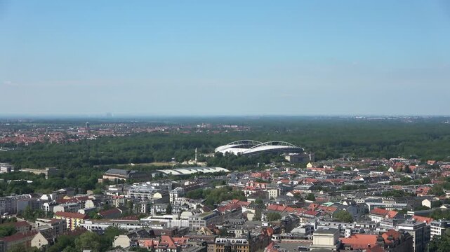 Leipzig Germany aerial cityscape panning view
