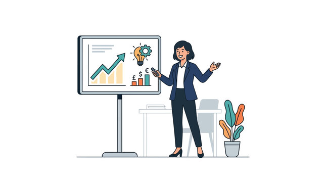 Businesswoman Presenting Growth Strategy with Financial Charts and Lightbulb Idea Icon