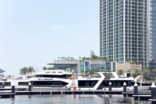UAE, DUBAI, MAY 5, 2026: Dubai Creek Harbour with expensive yachts and modern skyscrapers and palm trees, developed by Emaar Properties.