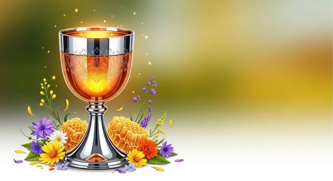 An elegant chalice filled with amber honey mead glows under soft light, surrounded by wildflowers and honeycomb in an artistic illustration, illustration, floral, amber