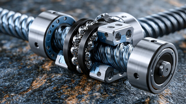 Ball screw actuator assembly with recirculating ball nut traversing polished ground lead screw, double angular contact bearing preloaded at journal end, thread helix catching specular highlight unde