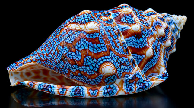 Cone snail Conus textile shell surface pattern, tent-mark algebraic automata pigmentation system on periostracum, aperture and columella interior visible, venomous marine gastropod specimen, mathema