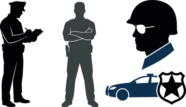 Police Officer Silhouette Set with Cop Writing Ticket Guard Avatar Cruiser Car and Badge Icons for Law Enforcement Security and Justice Designs