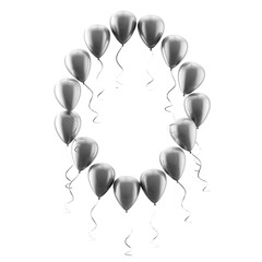 Obraz premium Globos dorados brillantes dispuestos en círculo formando el número 0 sobre fondo blanco. Decoración festiva con letras para cumpleaños y eventos.