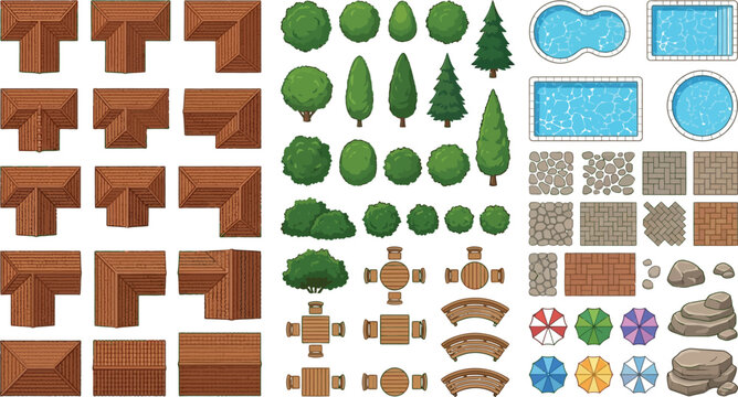 Flat pack icons set of buildings, trees, pools, and park elements
