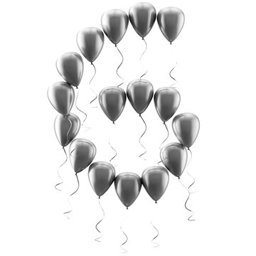 Globo plateado brillante con el n&uacute;mero seis, aislado sobre fondo blanco; ideal para la celebraci&oacute;n del sexto cumplea&ntilde;os o aniversario, tanto para eventos como para tarjetas de felicitaci&oacute;n.