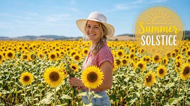 Smiling woman wearing a straw hat and red gingham shirt standing in a vast field of blooming yellow sunflowers under a bright blue sky with a circular summer solstice overlay