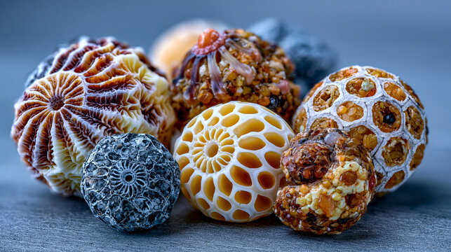 Foraminifera test shell collection macro extreme, calcareous and agglutinated morphotype diversity, chambered spiral and planispiral geometry variety, sediment grain matrix embedding, scientific mic