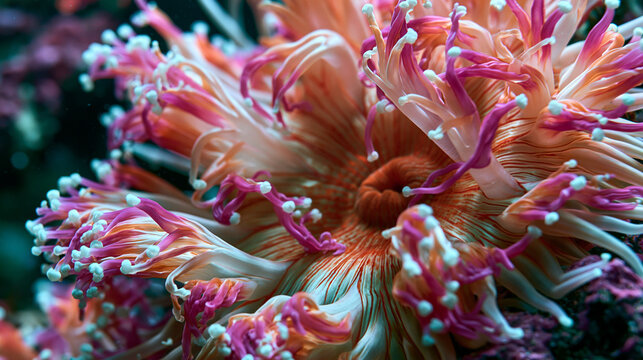 Giant sea anemone column and oral disc macro, tentacle array expanded in feeding posture, nematocyst-laden tips catching split dramatic sidelight, pharynx visible at center, symbiotic zooxanthellae 