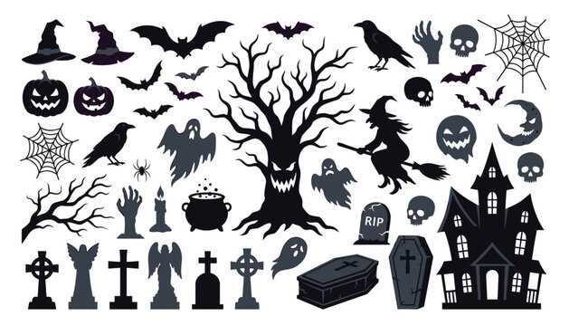 Halloween spooky silhouette vector element bundle. Haunted house, creepy trees, flying bats, ghosts, tombstones, witches, skulls, cauldrons and graveyard holiday illustrations.