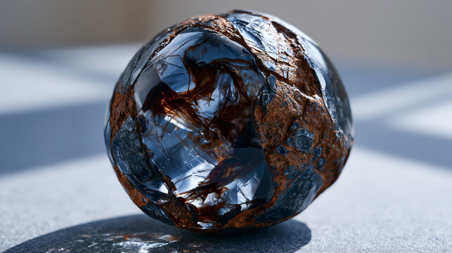 Obsidian Apache tear nodule translucent against backlit surface, volcanic glass spheroid showing internal flow inclusions, perlitic fracture texture on outer surface, mineralogical transmitted light