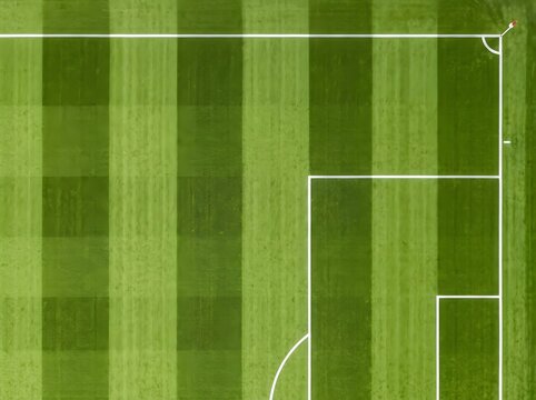Overhead view of a green soccer field with white markings