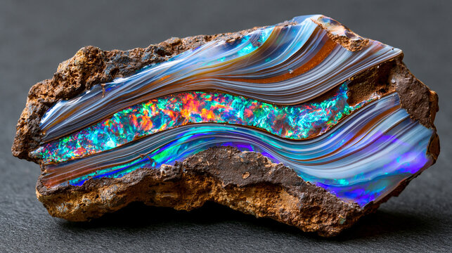 Opal boulder slice showing potch base and precious opal seam with rolling broad flash diffraction pattern, Queensland ironstone matrix host, gemological specimen backlit illumination .ultra photorea