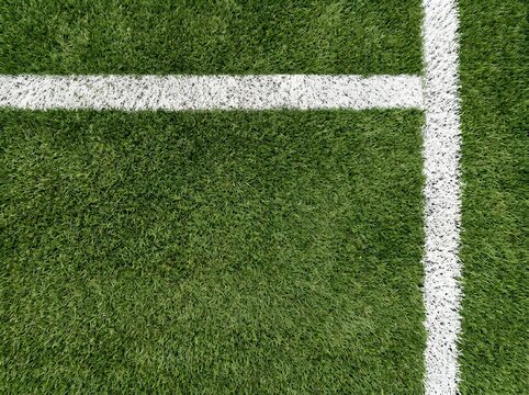Top view of a white corner line on a green soccer field