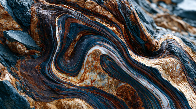 Ptygmatic fold in migmatite, highly contorted leucosome vein folded within melanosome gneiss host, high-grade metamorphic ductile deformation record, geological field specimen .ultra photorealism, c