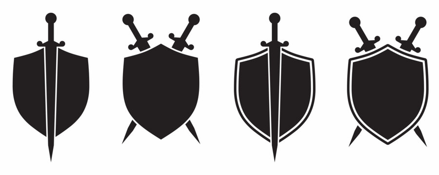 Medieval shields and swords icon set black silhouette vector illustration