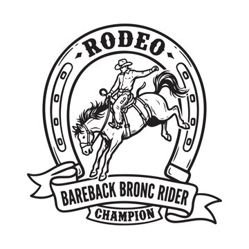 Rodeo bareback bronc rider champion emblem with horseshoe and ribbon