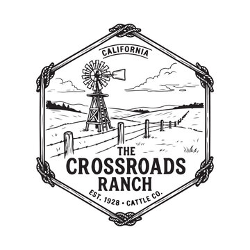 Vintage style ranch logo with windmill and barbed wire fence