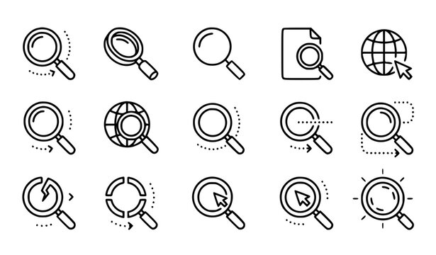 Search icons set magnifying glass globe cursor and document exploration