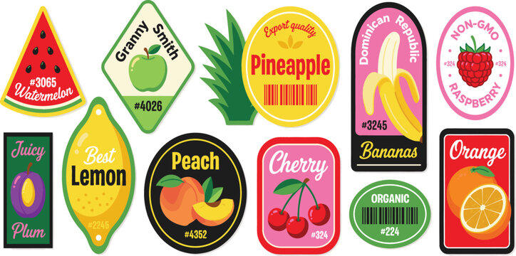 Vintage Fruit Sticker Label Set Featuring Retro Designs for Watermelon Apple Pineapple Banana Cherry Orange and Lemon Fresh Organic Produce Products