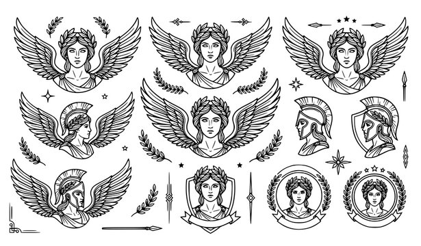 Collection of winged goddess and warrior illustrations