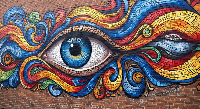 Colorful psychedelic eye illustration with abstract swirls and patterns