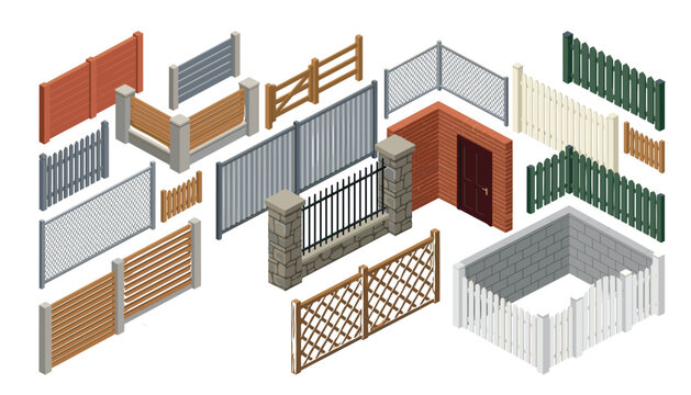 Isometric fence and garden gate vector set. Wooden pickets, chain link mesh, brick wall, stone pillars, iron railings and backyard enclosure constructor elements.
