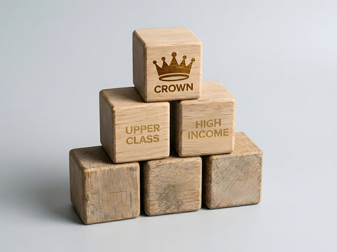 Wooden blocks pyramid for social hierarchy and wealth | Crown icon with upper class and high income text | Financial success and prosperity concept | Elitism and status | Wealthy lifestyle achievement