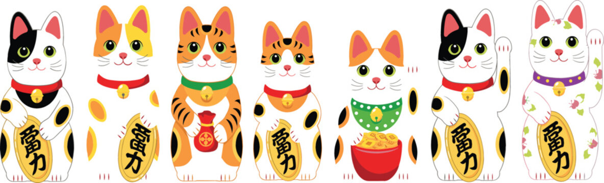 Japanese Maneki Neko Lucky Cat Vector Character Set Featuring Traditional Fortune Calico and Tabby Cats with Gold Coins for Wealth and Success