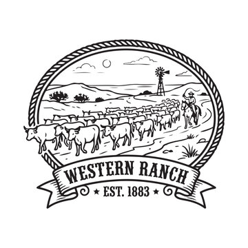 Western ranch vintage logo with cowboy herding cattle