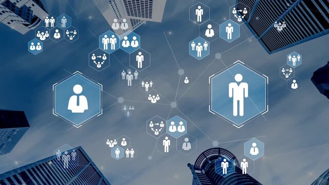 Aerial View of Modern Urban Landscape with Abstract Human Connections and Network Design in the Sky Among Skyscrapers and Buildings Gluon.