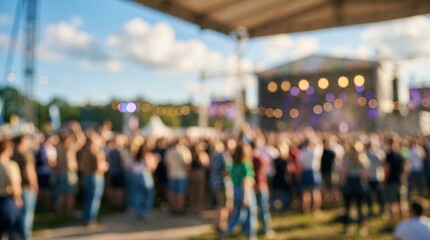 Fototapeta premium Blurred crowd music festival outdoor concert summer event party stage bokeh audience background