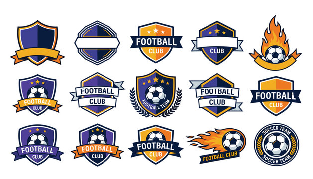 Football club logo badge template set. Soccer team shield emblems, burning balls, stars, ribbons, laurel wreaths and blank championship crest vector elements.