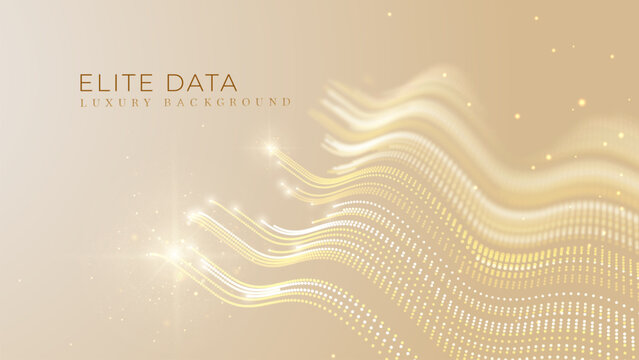 Abstract Luxury Gold Data Wave Background, Premium Elite Business Concept. Elegant Glowing Particle Line Graphic Design, Bright Light Curve Network For Future Cyber Technology. Vector Illustration.