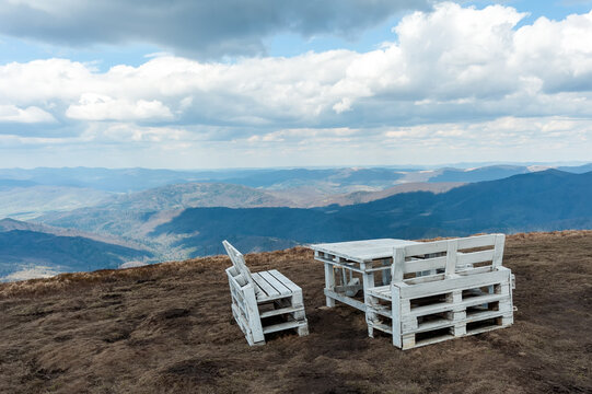 The rest place with the view to Carpathian Mountains on the top of Polonyna Runa, Zakarpattia, Ukraine