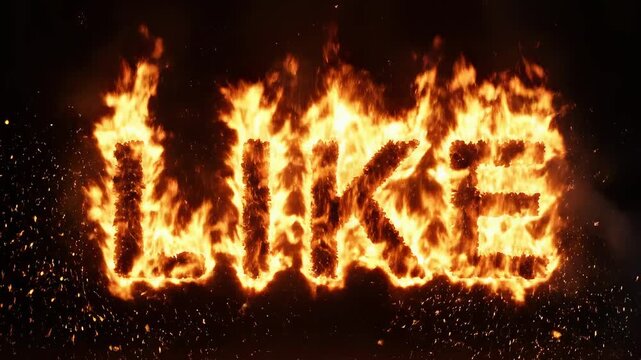 LIKE text ignites in a fiery explosion, burning with intense flames and sparks. Dynamic particle effects and realistic lighting create a powerful pyrotechnic simulation.