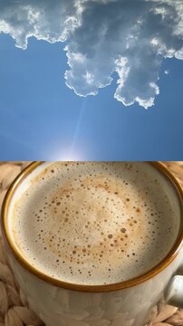 Collage of two videos: a sunny sky and a macro shot of a coffee mug. The concept of early morning and waking up