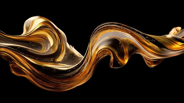 Elegant flowing liquid gold wave with shimmering particles creating a luxurious abstract design isolated on a deep black studio background