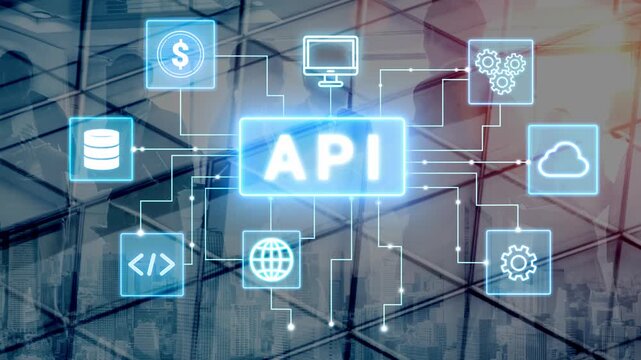 Futuristic API Integration Concept with Digital Symbols and Cityscape Background Illustrating Technology, Data Flow, and Software Development. Entropy.
