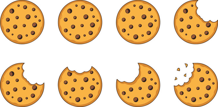 Chocolate chip cookies in different bite stages on white background