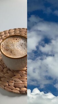 A collage of two videos: white clouds in a blue sky and brewing coffee. The concept of waking up or relaxing