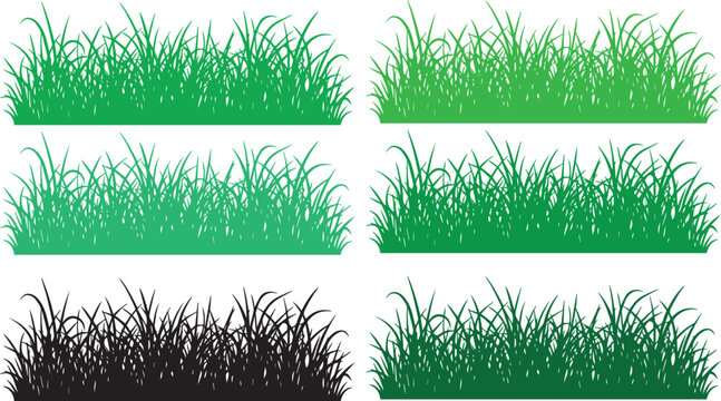 Set of vector grass silhouettes featuring various shades of green and solid black borders isolated on a white background for spring landscape design
