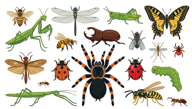 Insects and bugs entomology wildlife vector collection. Detailed tarantula spider, butterfly, honeybee, praying mantis, grasshopper, ladybug and garden creepy crawly illustrations.