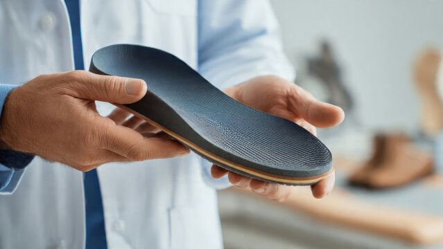 Orthotic shoe insert in doctors hands.