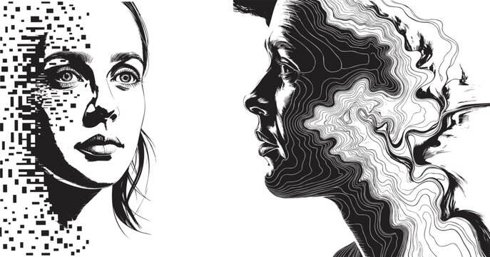 Creative dual portrait illustration featuring a human face with digital pixelation and contour line abstraction