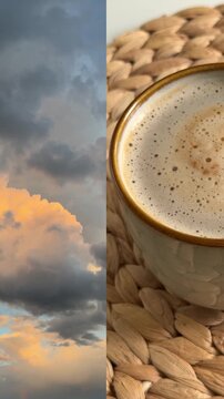 A collage of two videos: evening epic clouds after rain and hot coffee in a mug. The concept of relaxation, tranquility, and focus on life