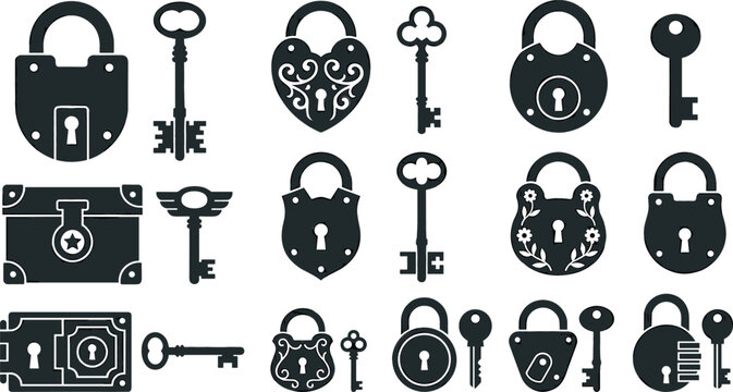 Set of vintage padlock and key vector silhouettes with antique chest locks and decorative design elements