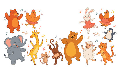 Fototapeta premium Cute cartoon animal dancing party set. Happy wild creatures, bear, elephant, giraffe, monkey, bunny, sheep and musical kindergarten celebration vectors.
