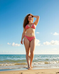 Fototapeta premium Woman in pink bikini standing at the oceans edge, with sea and sky reflected in the wet sand, her long brown hair blowing in the wind, smiling at the camera.